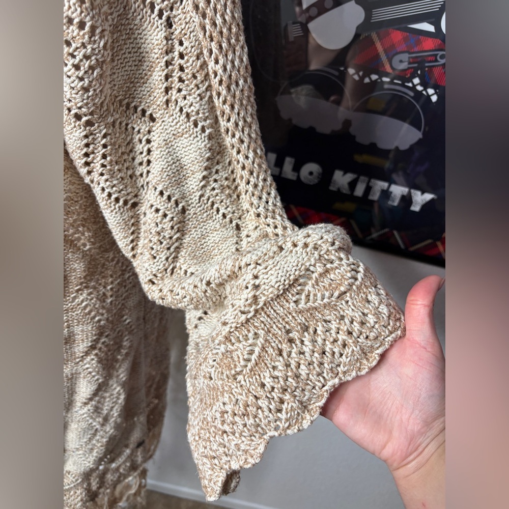 Roxy Cream & Tan Crochet Knit Cardigan with Fringe - Picture 4 of 7